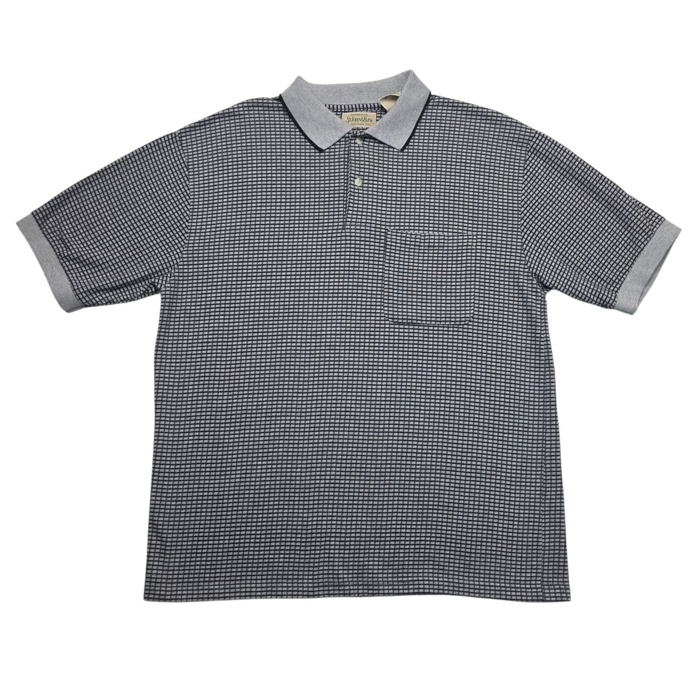 St Johns Bay Mens Large Polo Shirt Gray Black Grid Short Sleeve Pocket USA Made